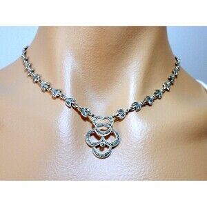 Vintage Sterling Silver Marcasite Oxidized Necklace  Signed  Safety Clasp